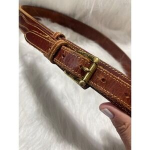 Vintage Brown Leather Belt With Brass Buckle & Yellow Stitching A31